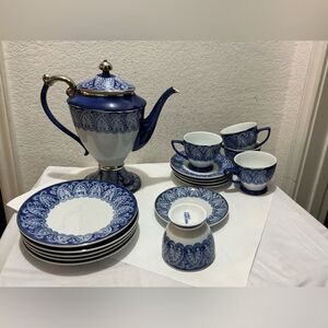 18 Pc Blue Bombay Tile Coffee Pot Teapot 5 Cups & Saucers 6 salad plates 7 7/8”